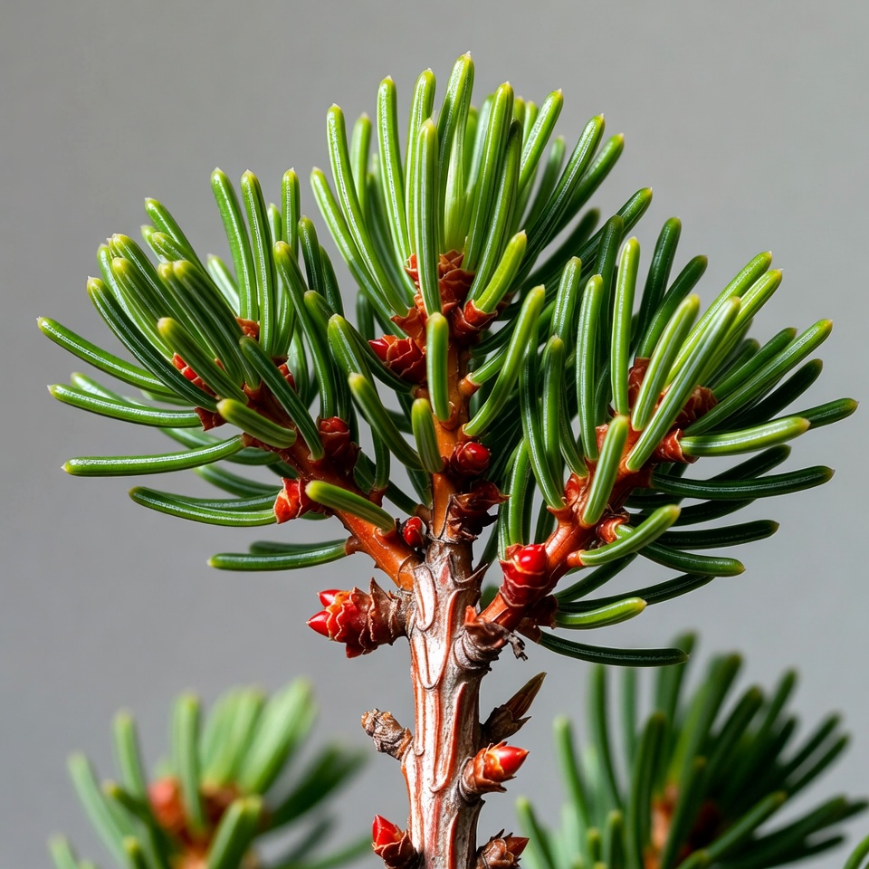 Pine branch with red buds Pine branch with red buds