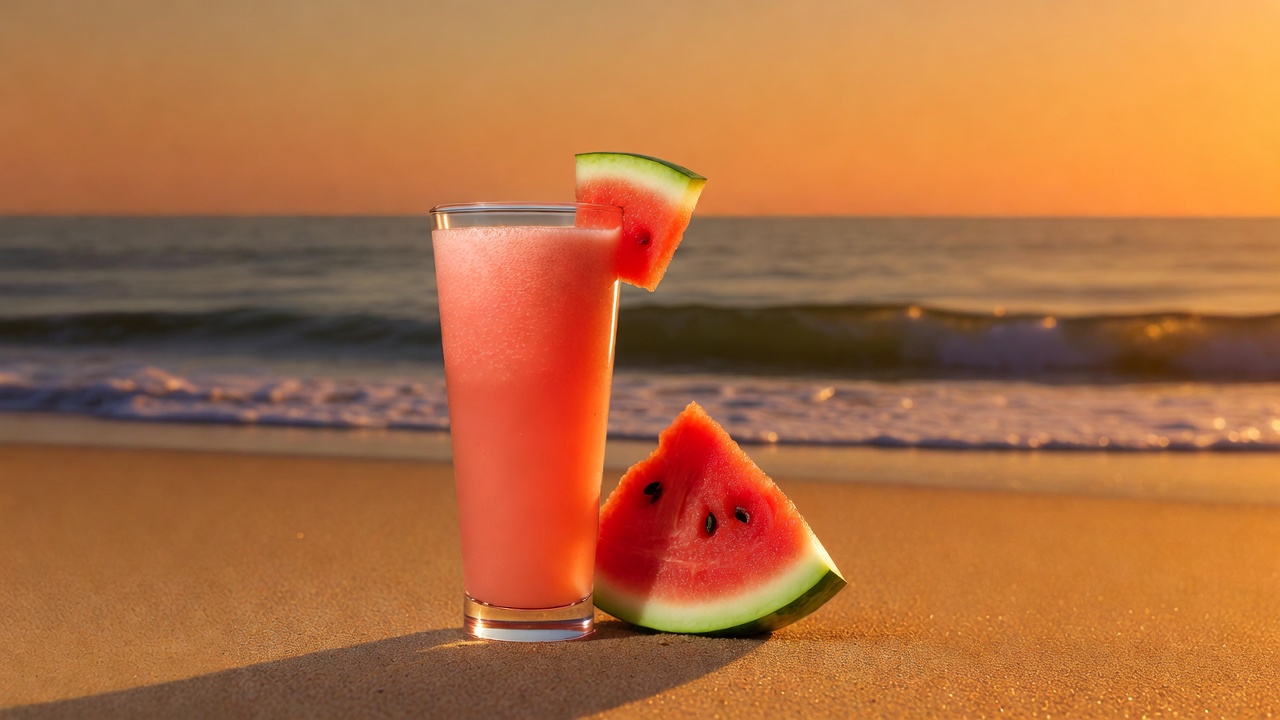 Watermelon Smoothie on Beach at Sunset Watermelon Smoothie on Beach at Sunset