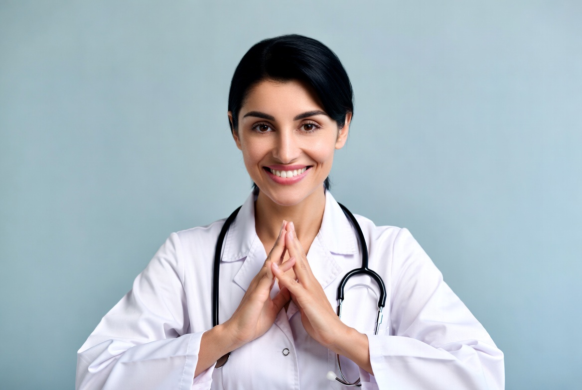 Female doctor with hands in prayer pose Female doctor with hands in prayer pose