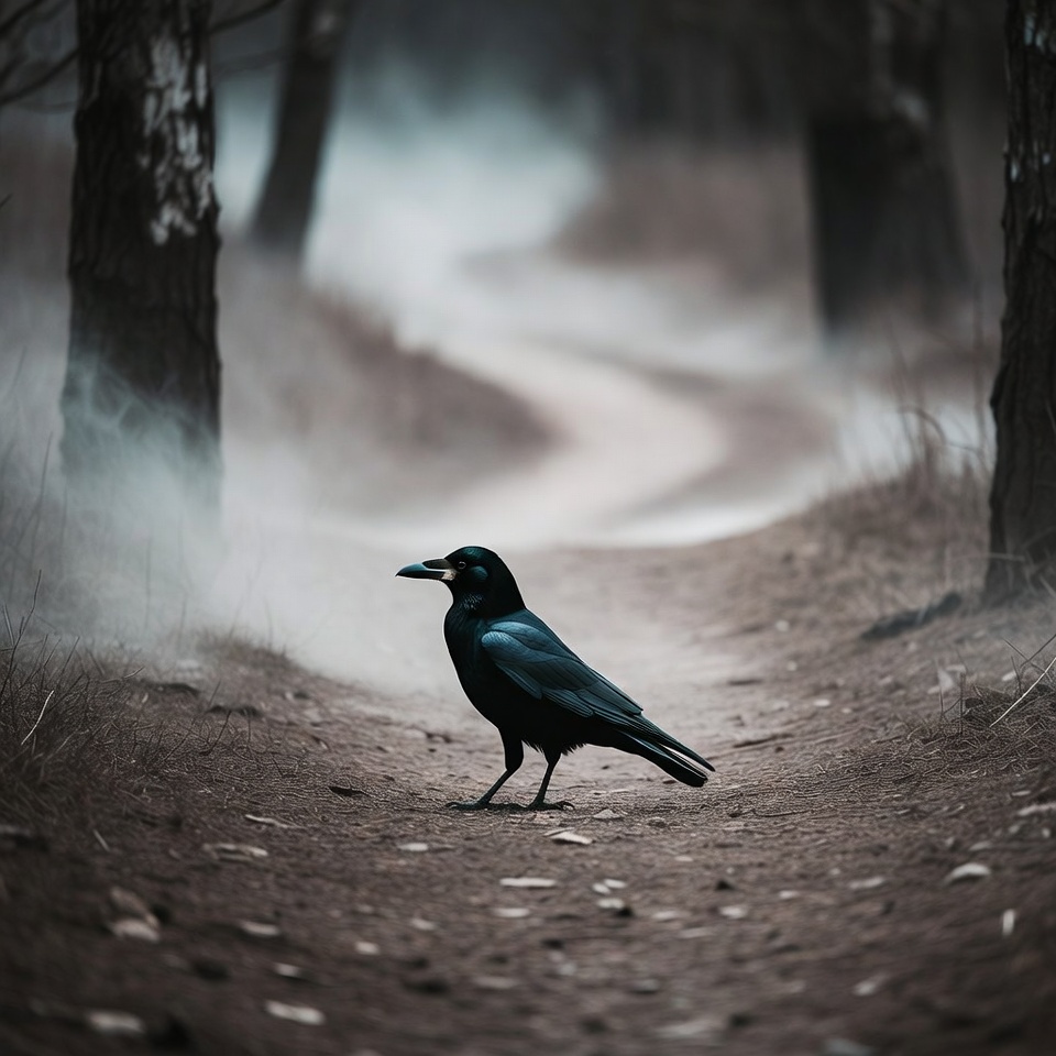 Raven on foggy forest path Raven on foggy forest path