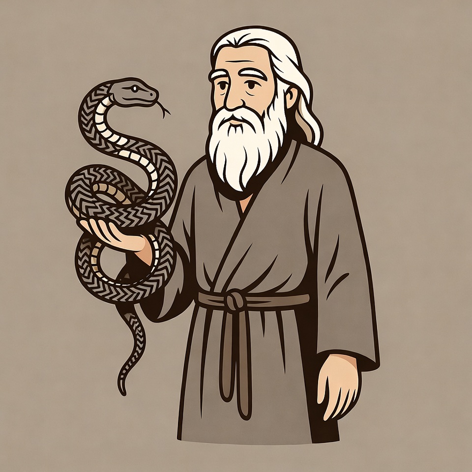 Elderly man holding snake Elderly man holding snake