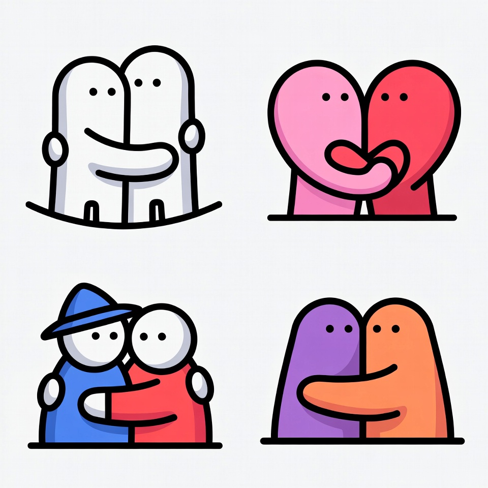 Cartoon Couples Hugging in Heart Shapes Cartoon Couples Hugging in Heart Shapes