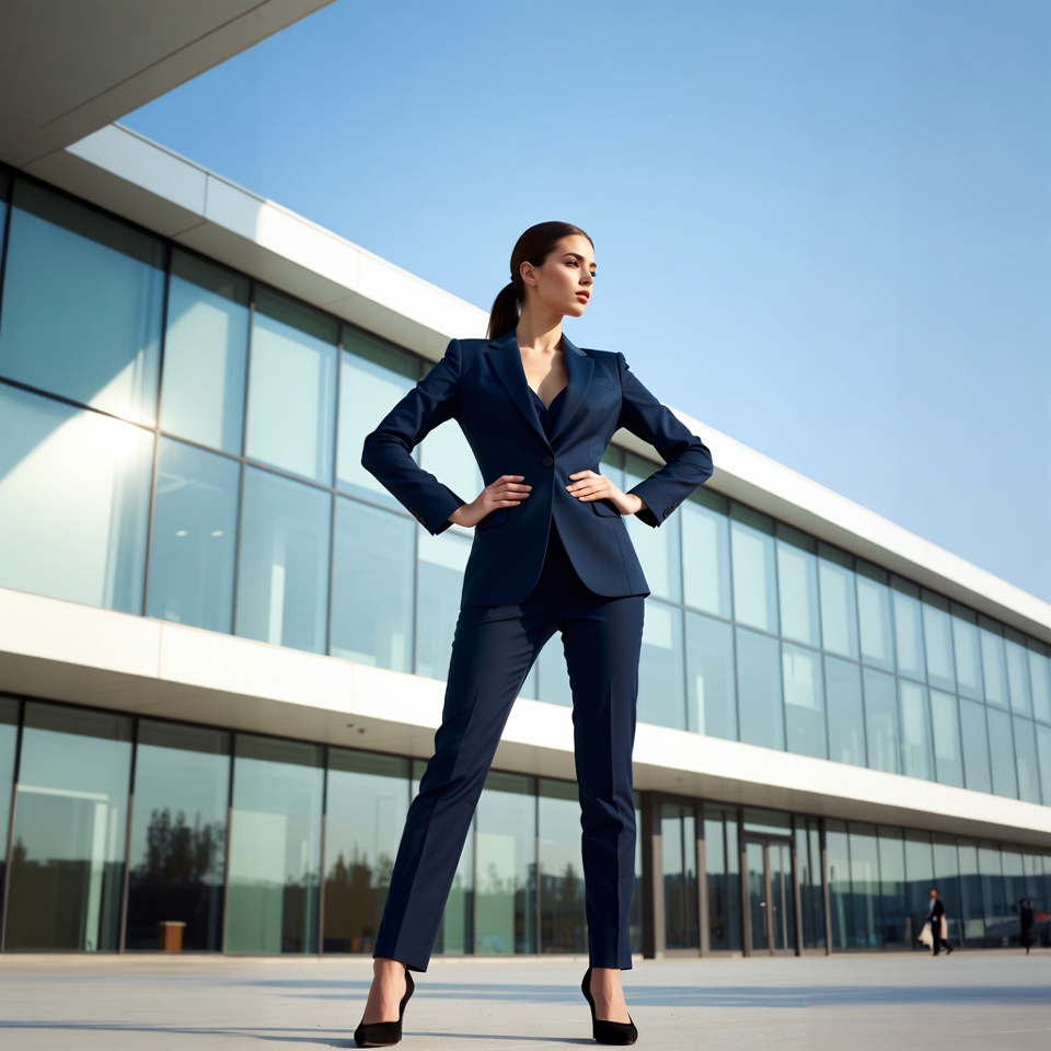 Confident woman in navy suit outside building Confident woman in navy suit outside building