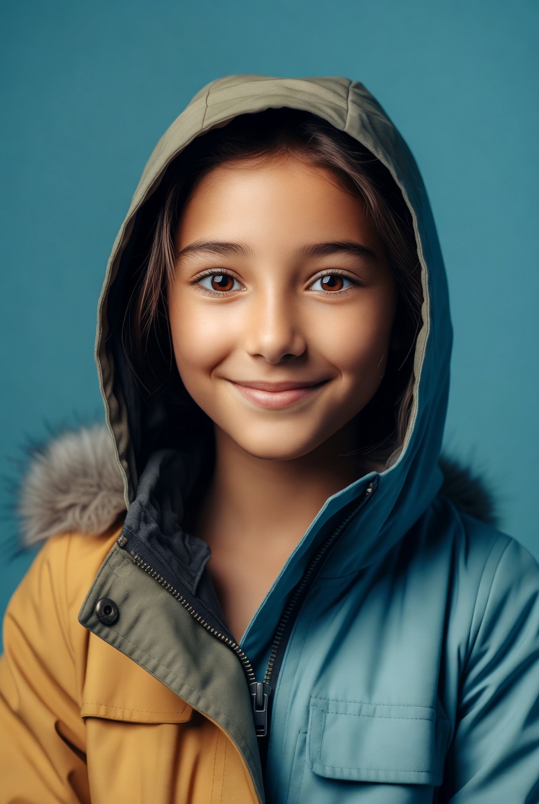Asian girl smiling in hooded jacket Asian girl smiling in hooded jacket