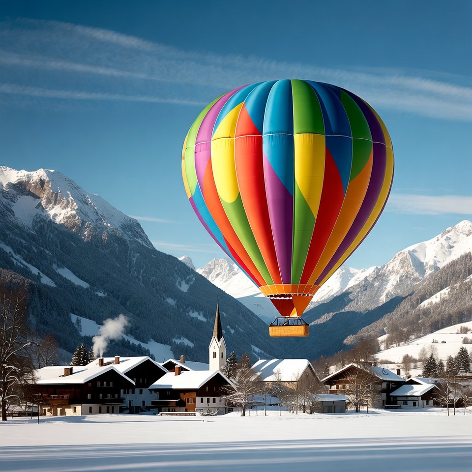 Colorful hot air balloon over snowy Alps village