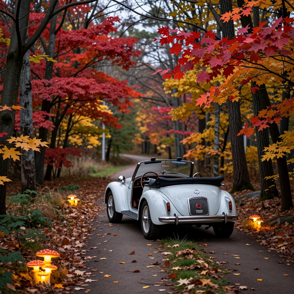 Vintage White Convertible in Autumn Forest