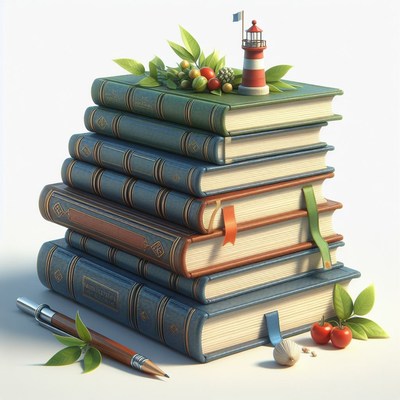 Stack of books with lighthouse and pencil