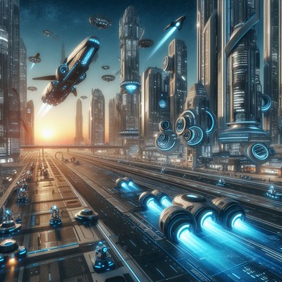 Futuristic cityscape with flying vehicles
