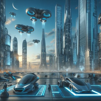 Futuristic cityscape with flying cars