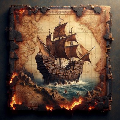 Sailing ship on antique map