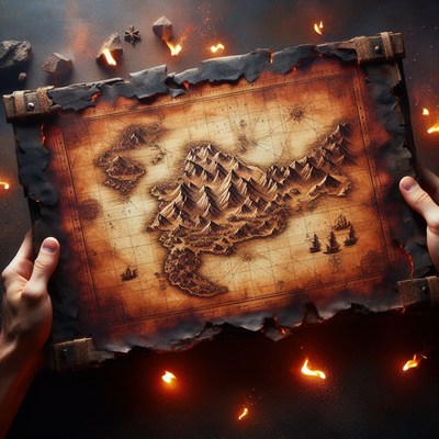 Burning treasure map with mountainous island