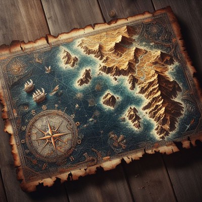 Old treasure map with islands and compass
