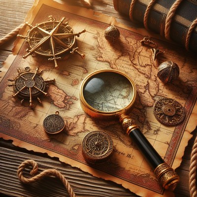 Antique compass and magnifying glass on map