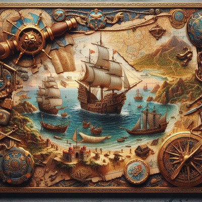 Ships sailing near coastline on a map