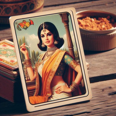 Vintage card featuring woman in sari