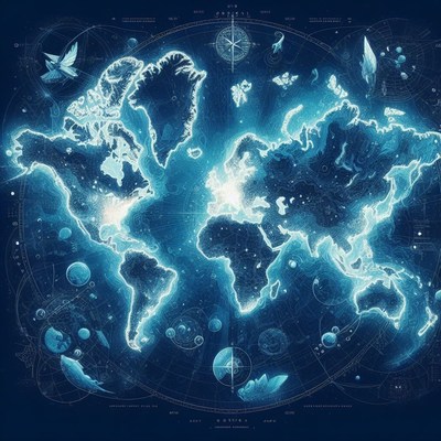 Glowing world map with compass