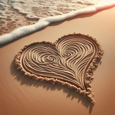 Detailed heart drawn in sand on beach