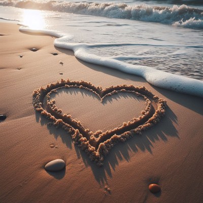 Heart drawn in sand at sunset