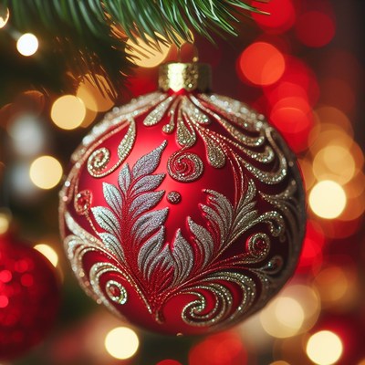 Red christmas ornament on tree