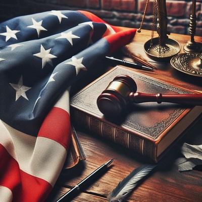 American flag, gavel, and book