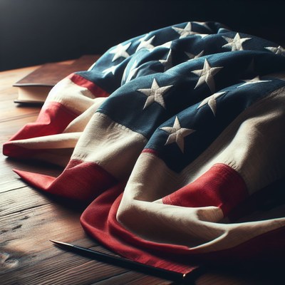 American flag on wooden table