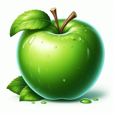 Green apple with water droplets