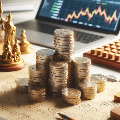 Cryptocurrency coins stacked on desk