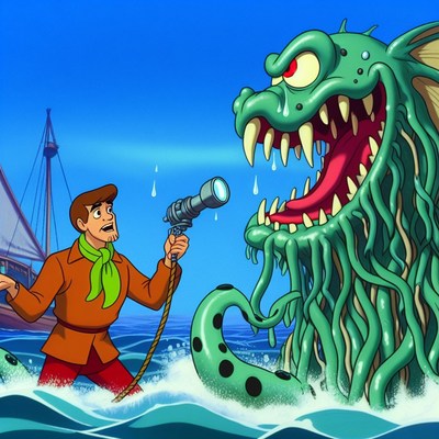 Man confronts sea monster with flashlight