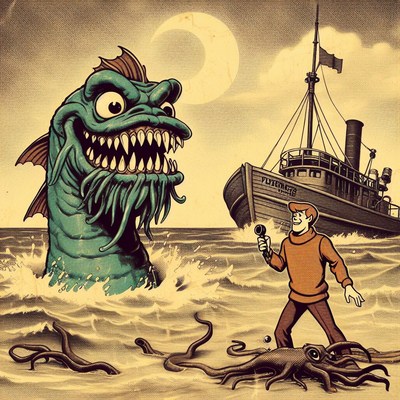 Monster attacking ship at night