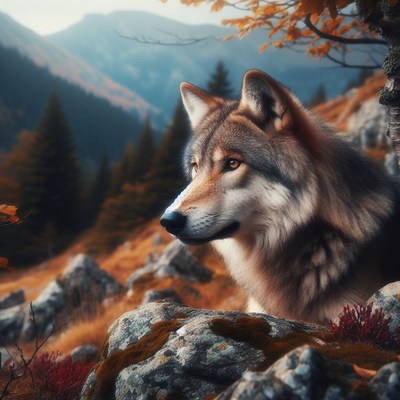 Wolf gazing in autumn mountains