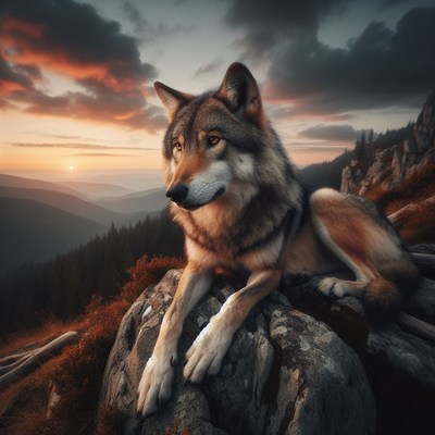 Wolf at sunset in the mountains