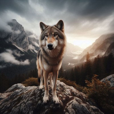 Wolf standing on mountain peak