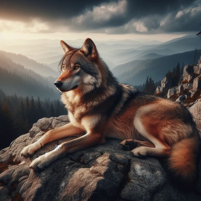 Wolf on mountain ridge at sunset