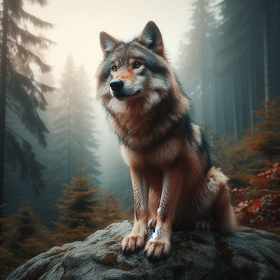 Wolf sitting on rock in misty forest