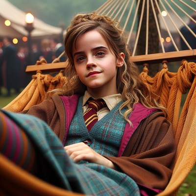 Young witch relaxing in hammock