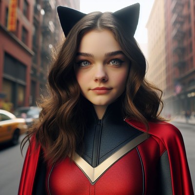 Woman in red superhero costume with cat ears