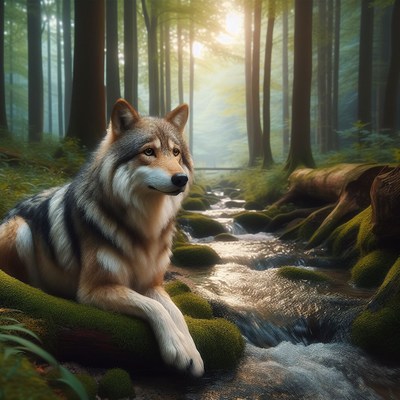 Wolf by forest stream