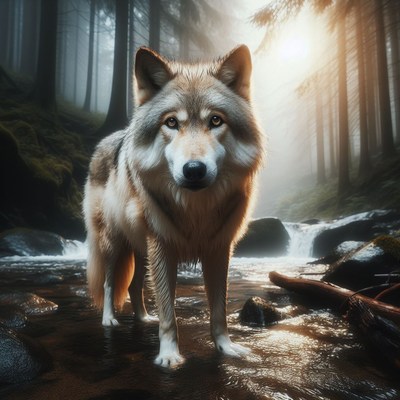 Wolf standing in a forest stream