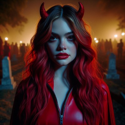 Woman in devil costume at night