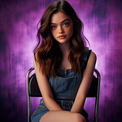 Woman in denim overalls against purple background