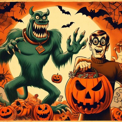 Monster and boy trick-or-treating