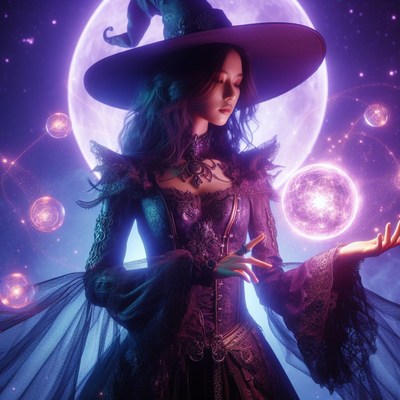 Witch casting spell under full moon