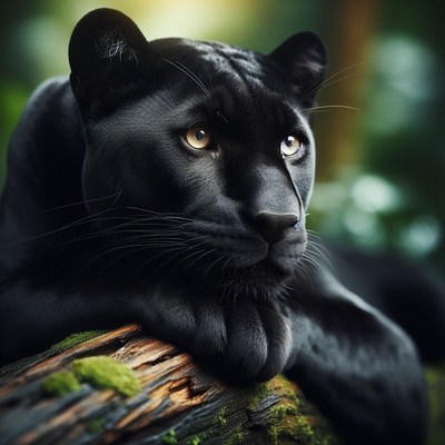 Black panther resting on log
