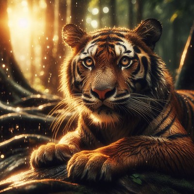 Tiger in the forest rain