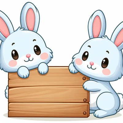 Two cute bunnies holding a wooden sign