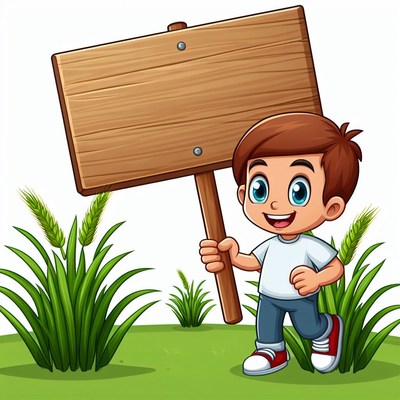 Boy holding wooden sign