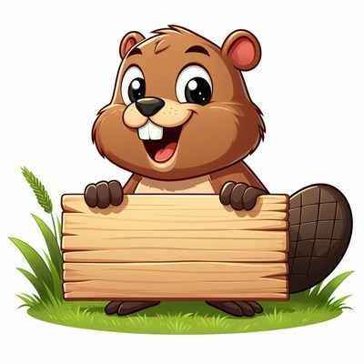 Happy beaver holding wooden sign
