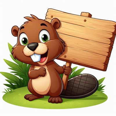 Smiling beaver holding wooden sign