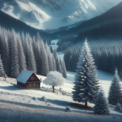 Snowy cabin in mountain valley