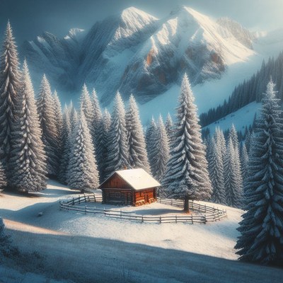 Cabin in snowy mountain forest